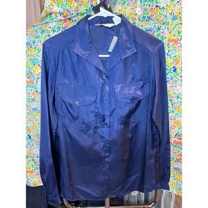 192 Vtg Sears JR Bazaar Navy Blue Satin Button Down Blouse Long Sleeve Size 13‎